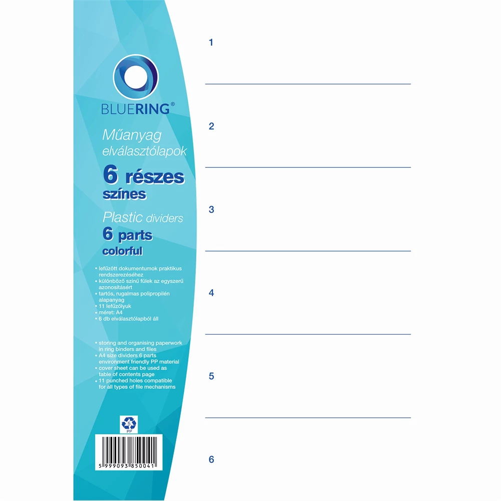 Роздільник аркушів А4, 6 розділів, кольоровий Bluering®